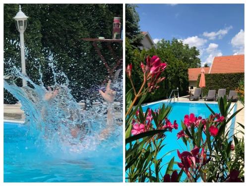 a pool with a fountain and a boy playing in the water at Villa GreenTree - with Private Pool, close to Budapest in Budakalász