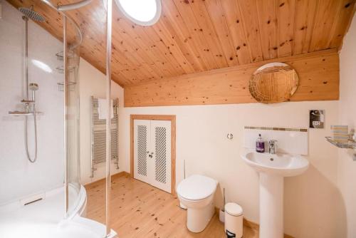 a bathroom with a shower toilet and a sink at Mallards' Rest in Fritton