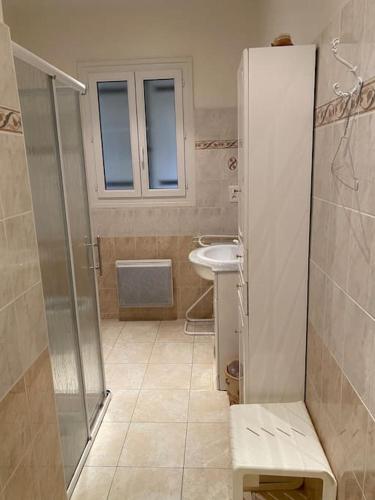 une salle de bain avec douche et lavabo dans l'établissement Belle villa 500 m port de la cotiniere/plage, à La Cotinière