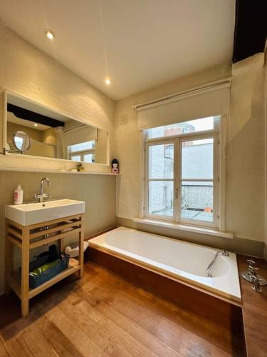 baño con bañera, lavabo y ventana en Charmante woning in city center, en Amberes