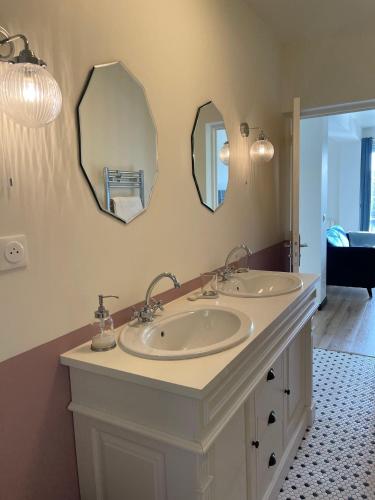 une salle de bain avec deux lavabos et deux miroirs dans l'établissement Ambiance Seine, appartement surplombant la Seine -51 M2, Anémone-, à Thomery