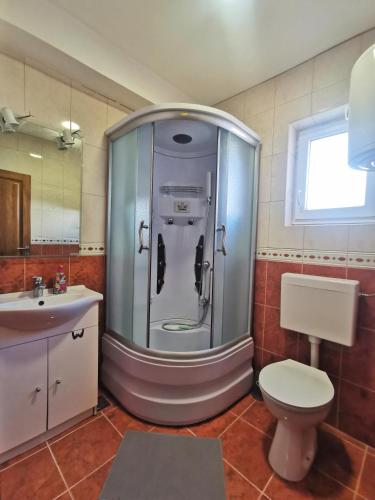 a bathroom with a shower and a toilet and a sink at Apartmani Lešić Tribunj in Tribunj