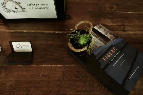 een potplant naast een boek op een tafel bij Hôtel Le Quatorze in Figeac