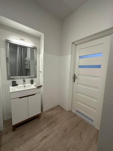 uma casa de banho com um lavatório, um espelho e uma porta em Apartament Wroclawia em Breslávia