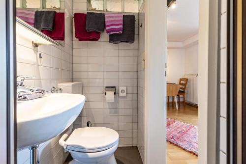 a bathroom with a white toilet and a sink at Charmante Ferienwohnung in Tübingen