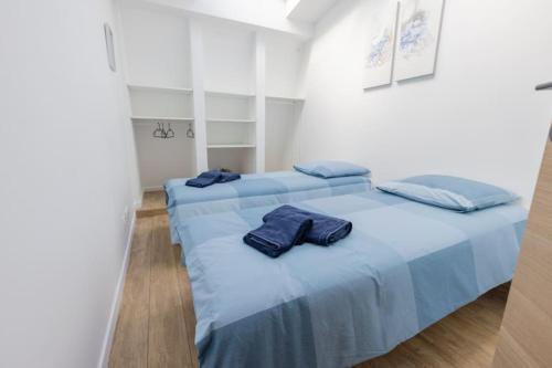 twee bedden in een kamer met blauwe kussens erop bij Duplex avec extérieur, 30 min de Paris et Disney in Saint-Maur-des-Fossés
