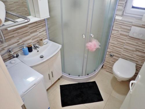 a bathroom with a shower and a toilet and a sink at Plava Laguna with beautiful seaview in Seline