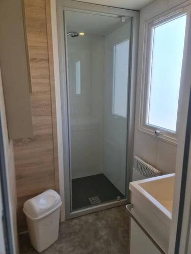 une salle de bain avec une douche, des toilettes et un lavabo dans l'établissement Mobil-home Magnolia 300m de la plage Ambleteuse, à Ambleteuse