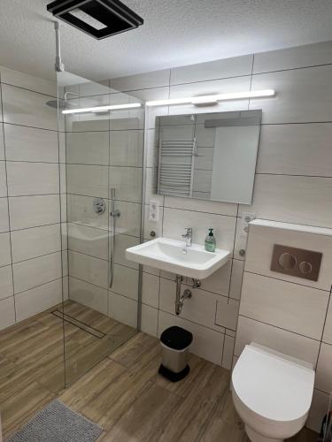 a bathroom with a sink and a toilet and a shower at Ferienwohnung/Monteurwohnung in ruhigem Innenhof in Nörten-Hardenberg