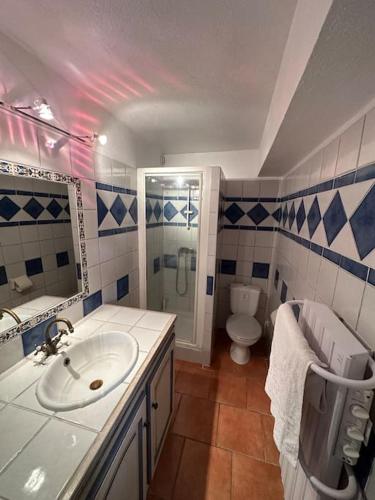 une salle de bain avec un lavabo, une douche et des toilettes dans l'établissement Grand T2 très lumineux en rez de jardin villa, à Carqueiranne