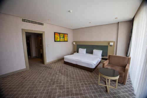 a hotel room with a bed and a chair at Hilly Hotel in Edirne