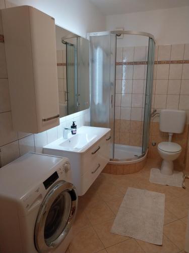 een badkamer met een wasmachine en een wastafel bij Apartments Hajo in Rab