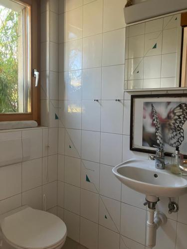 bagno con lavandino, servizi igienici e specchio di Stellamandra a Murten