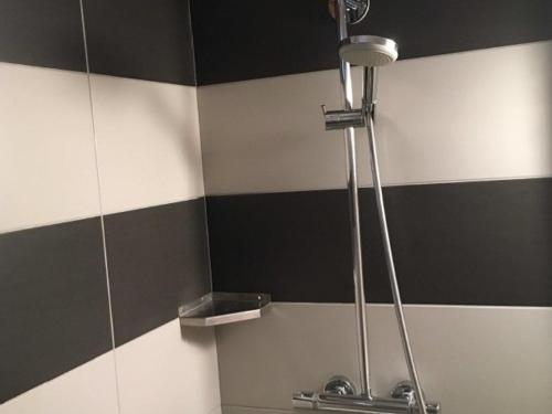 La salle de bains est pourvue d'un mur rayé noir et blanc. dans l'établissement Charmant T2 avec terrasse ensoleillée, proche navette, animaux admis, parking - FR-1-467-32, au Grand-Bornand