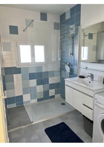 une salle de bain avec douche et lavabo dans l'établissement Arcachonnaise de charme première ligne vue mer, à Arcachon