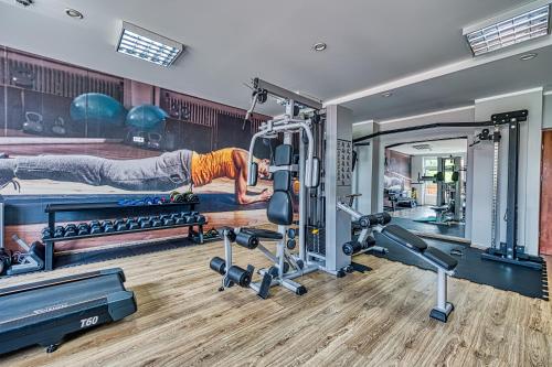 a gym with a painting of a man doing a jump at St Lukas Medical & SPA in Świeradów-Zdrój