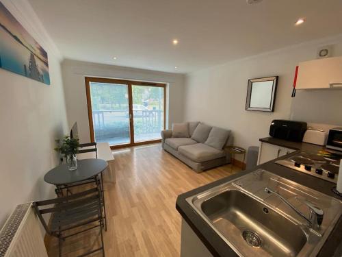 a kitchen and living room with a couch and a sink at Apt 2 Cathedral & River view in Norwich