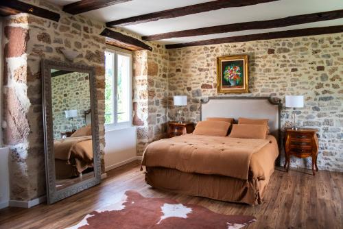 a bedroom with a large bed and a mirror at La Demeure du Comte in Marcillac-Vallon