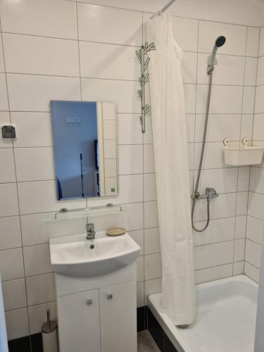 y baño blanco con lavabo y ducha. en Apartament Stegna en Stegna