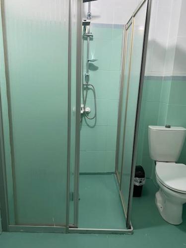 W łazience znajduje się toaleta i przeszklony prysznic. w obiekcie Merkezde 2+1 Geniş Daire w mieście Çanakkale