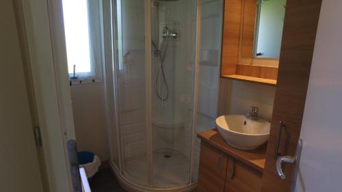 une salle de bain avec douche et lavabo dans l'établissement Rico Plage, à Figareto