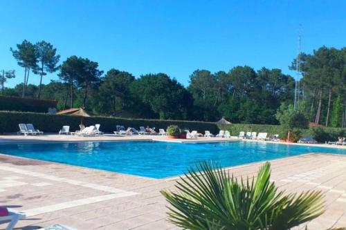 une grande piscine bleue avec des chaises et des arbres dans l'établissement village Khelus, à Gujan-Mestras