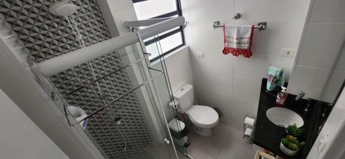a small bathroom with a toilet and a sink at Lindo Apartamento compacto na quadra da praia in Santos