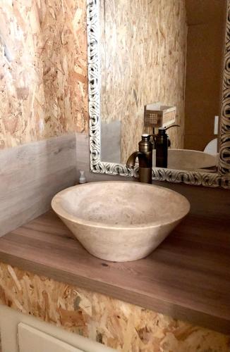 une salle de bain avec un lavabo et un miroir dans l'établissement Charmant Petit gite au milieu de la Verdure, à Coulounieix-Chamiers