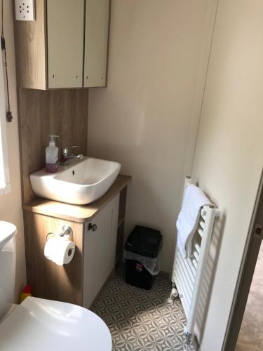 een kleine badkamer met een wastafel en een toilet bij Modern, stylish holiday home in Bembridge
