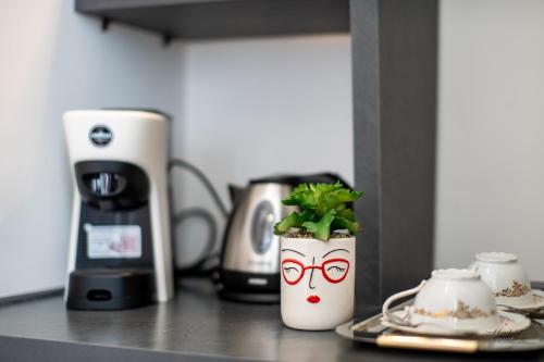 a counter with a cup with eyes and a plant in it at Humboldt Luxury Rooms Taormina in Taormina