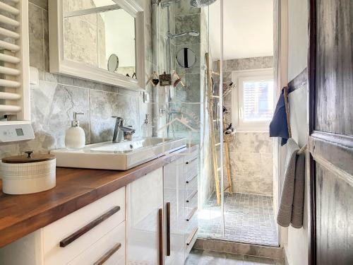 een badkamer met een wastafel en een douche bij Le Donjon des Rois in Dourdan