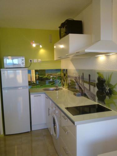 une cuisine avec un réfrigérateur blanc et un évier dans l'établissement Barcaresa-Agréable appartement vue mer panoramique, au Barcarès