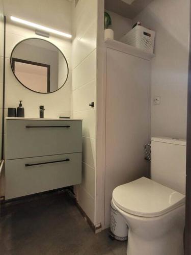 une salle de bain avec des toilettes blanches et un miroir dans l'établissement Studio Gruissan, à Gruissan