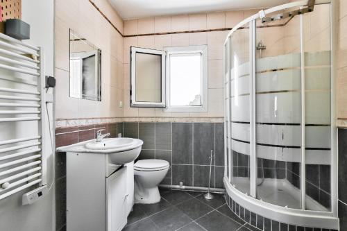 La salle de bains est pourvue de toilettes, d'un lavabo et d'une douche. dans l'établissement Appartement meublé Dugny, à Dugny