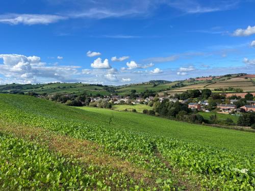 a green field with a village in the distance at Thorverton Arms in Exeter