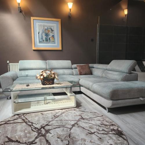 a living room with a couch and a coffee table at IN CLUB in Vrnjačka Banja
