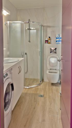 a bathroom with a shower and a toilet and a sink at Sea Sparkle 1b in Preveza