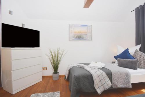 a bedroom with a bed and a flat screen tv at NUE12-RI Apartment in Zirndorf in Zirndorf