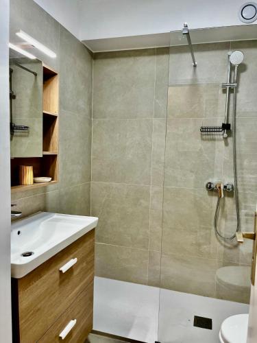 une salle de bain avec douche et lavabo dans l'établissement La douceur de vivre à Cannes, à Cannes
