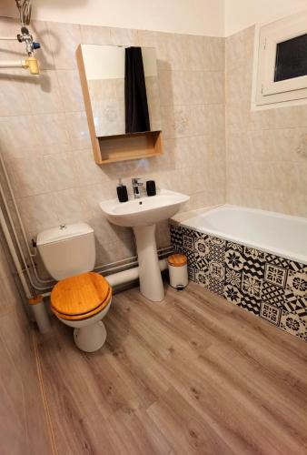 une salle de bain avec toilettes, lavabo et baignoire dans l'établissement Charmant T2 meublé quartier château de Pau, à Pau