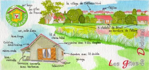 a drawing of a house in a field at Chalet au bord d'un étang, près d'une ferme pédagogique in Château-Voué