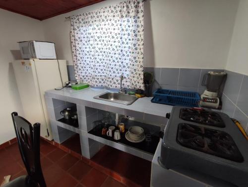a small kitchen with a sink and a stove at Cabañas Casa Campo Guatavita in Guatavita