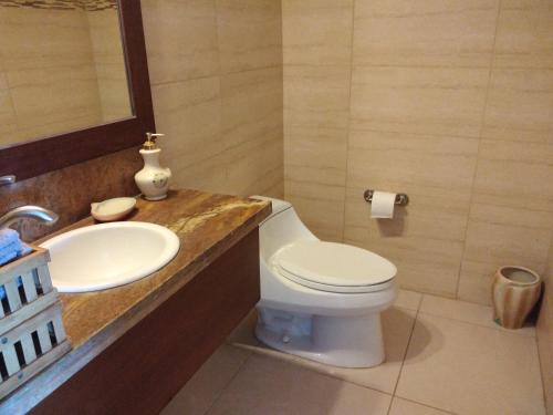 a bathroom with a toilet and a sink at Disfruta hermosa vista al mar! in San Carlos