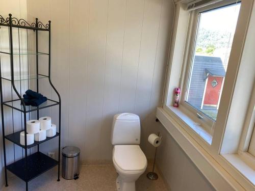 a bathroom with a toilet and a window at Single room with shared spaces in Vennesla