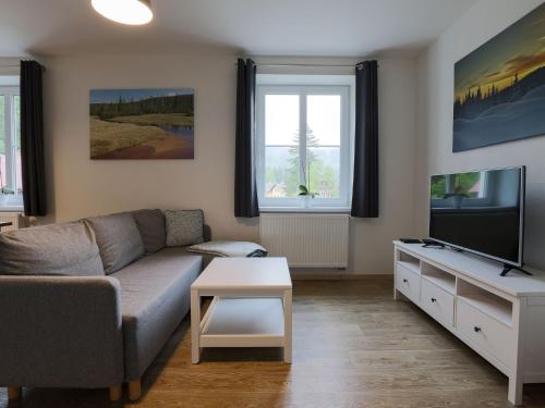 a living room with a couch and a flat screen tv at Apartment Kořenov 720-2 by Interhome in Kořenov
