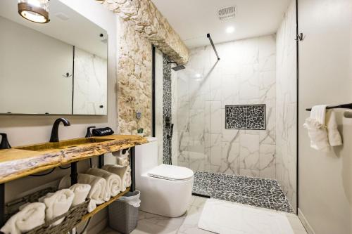 a bathroom with a shower and a toilet at EVA Resort in Savaneta