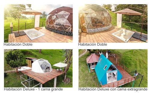 a collage of four pictures of a yurt at Glamping Reserva del Roble in La Vega