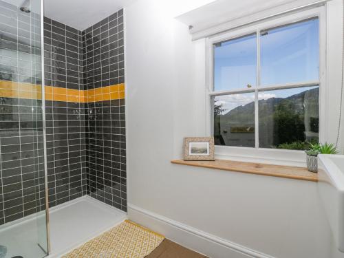 een badkamer met een douche en een raam bij Pentre Court Cottage in Abergavenny
