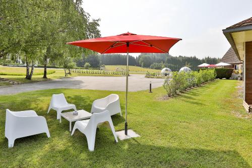 a table and chairs and an umbrella in the grass at Logis Hôtel Restaurant Europa in Maussac