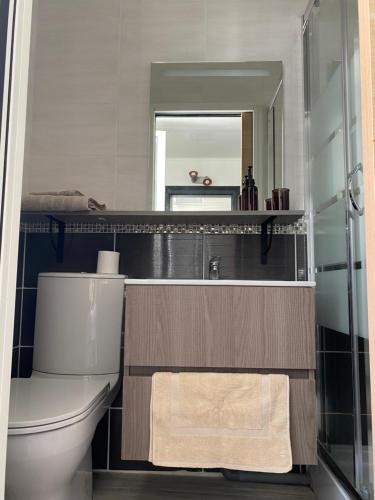 een badkamer met een toilet en een spiegel bij Le Chanzy Proche des Thermes et de la Gare in Rochefort
